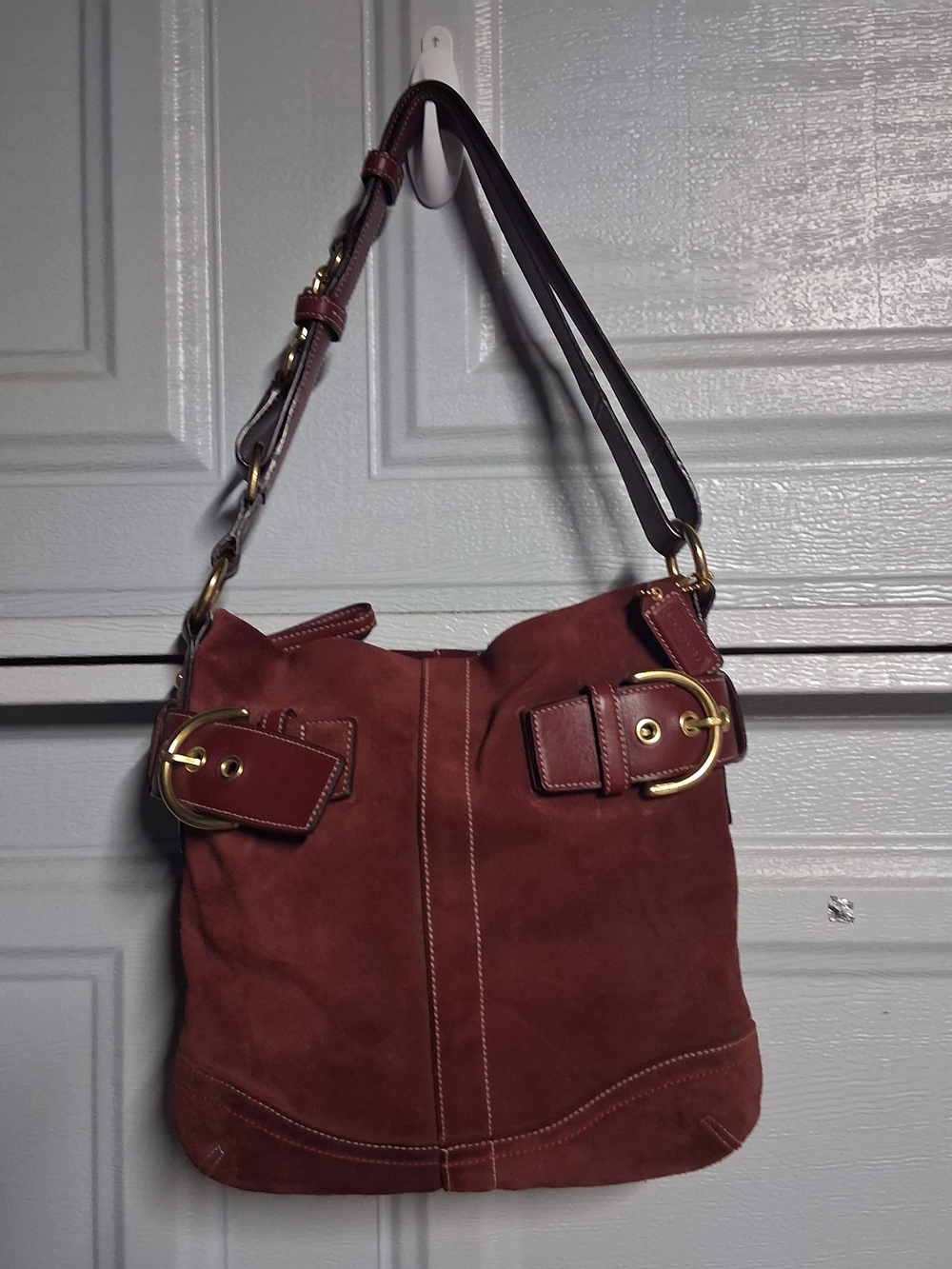 Vintage Y2k  Coach Bag Suede Shoulder Hobo in Chestnut with Gold Buckle Detail